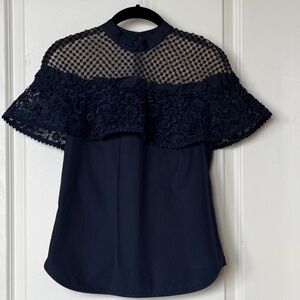 Self Portrait Navy Hudson Lace Cotton Top, size 2